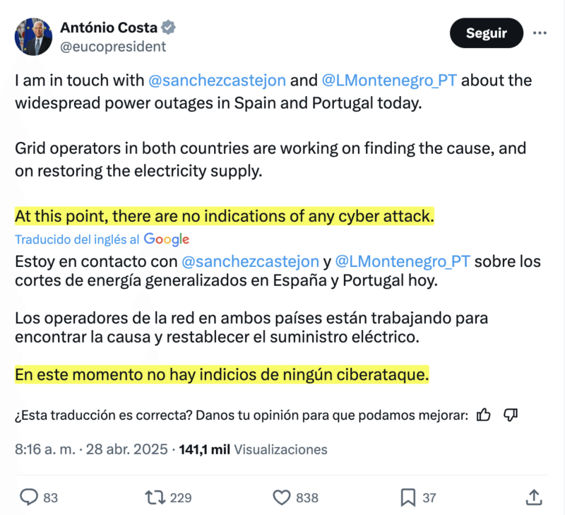 Antonio Costa sobre supuesto ciberataque que causó apagón